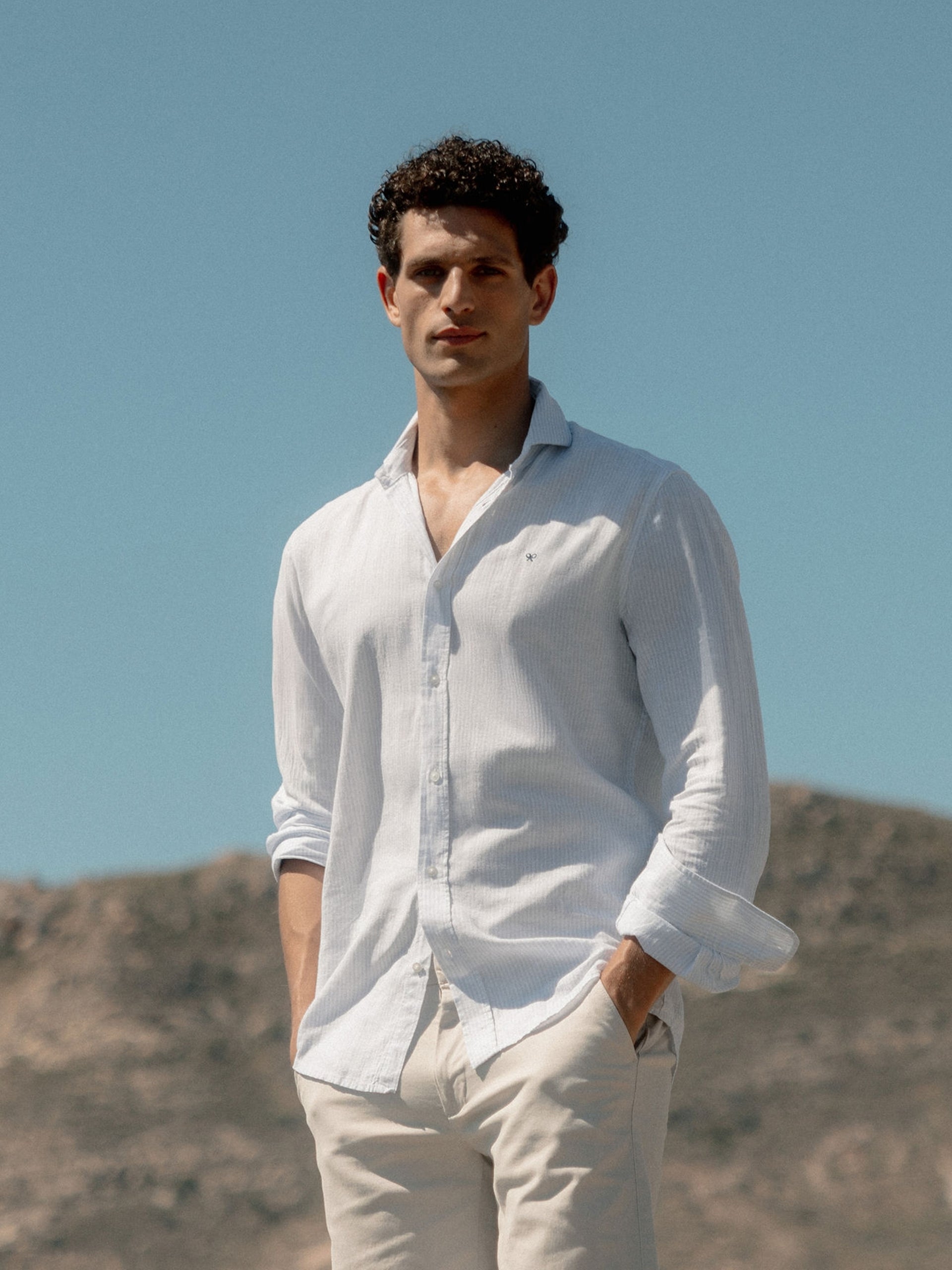 Camisa sport lino rayas celeste