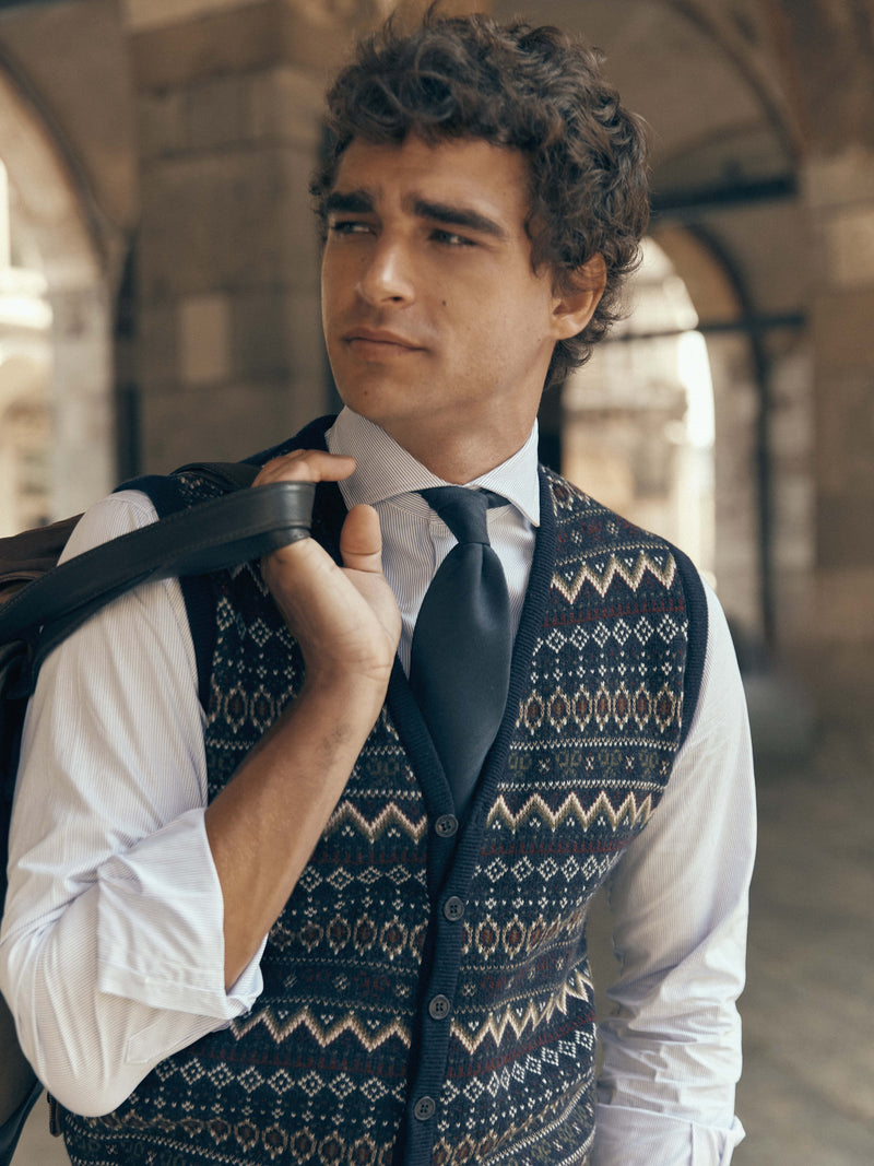 Colete de malha jacquard único azul-marinho