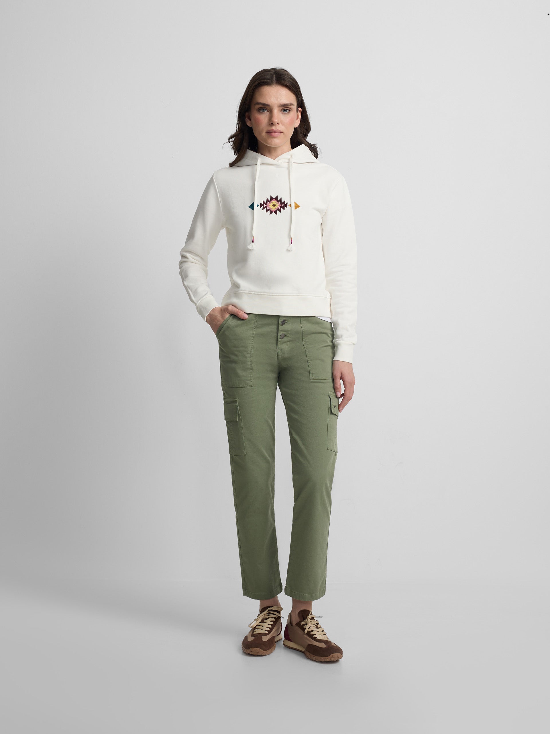 Calças de mulher denim cargo caqui