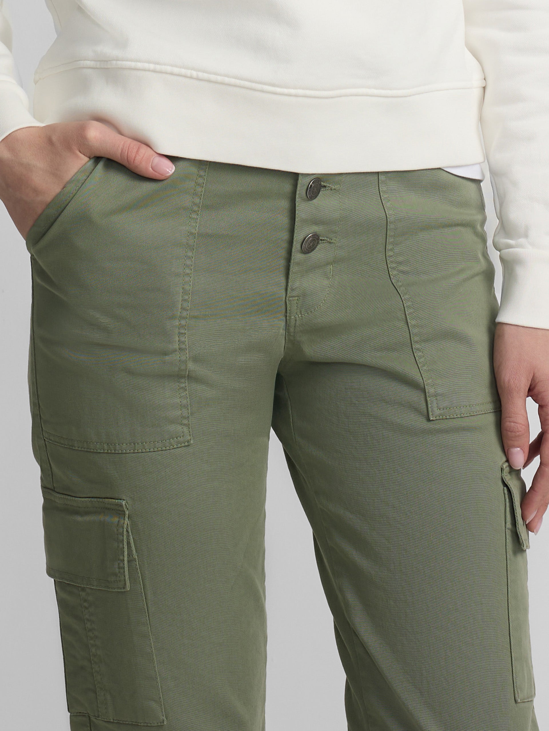 Calças de mulher denim cargo caqui