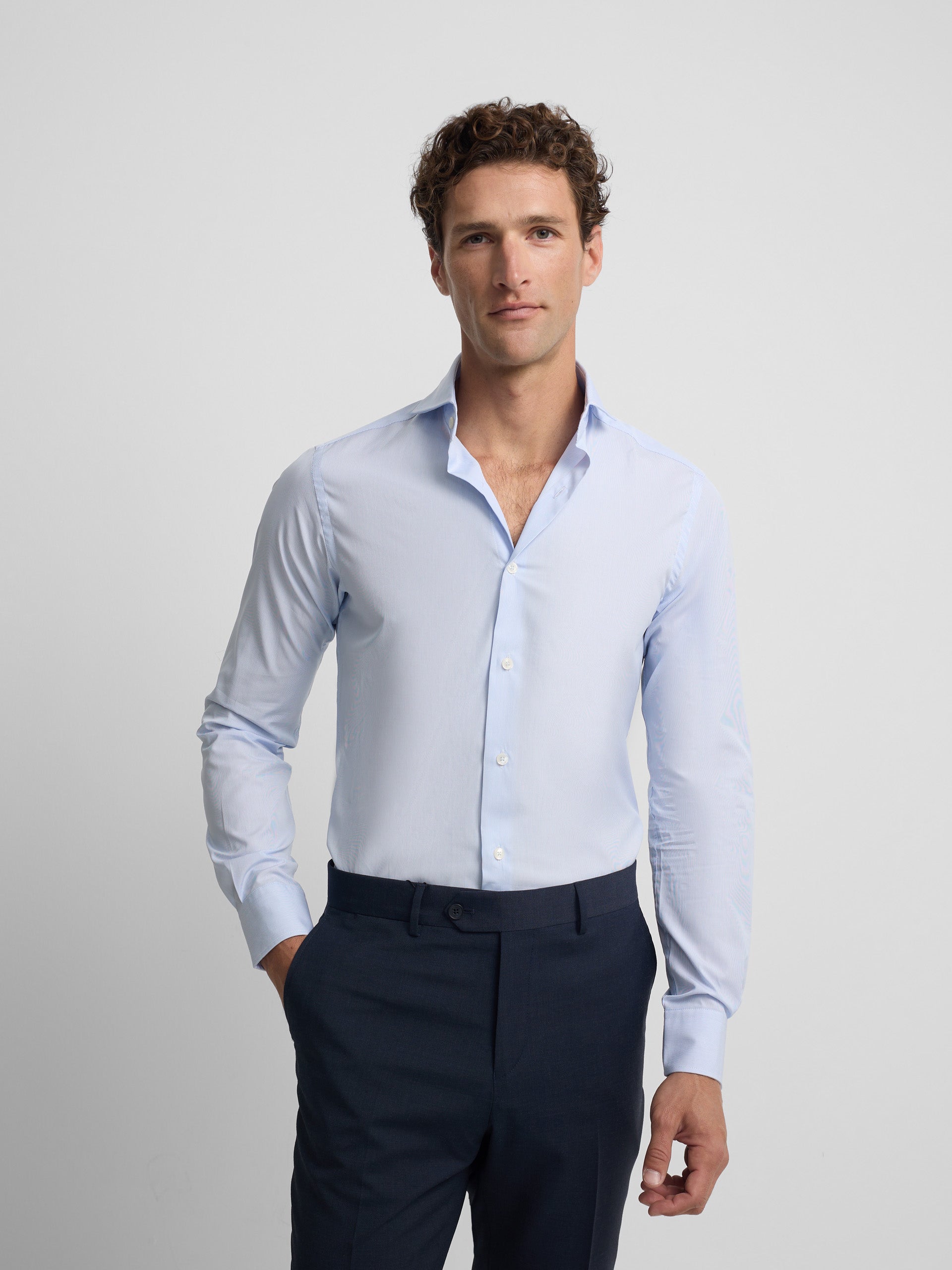Camisa vestir mini rayas celeste puño simple