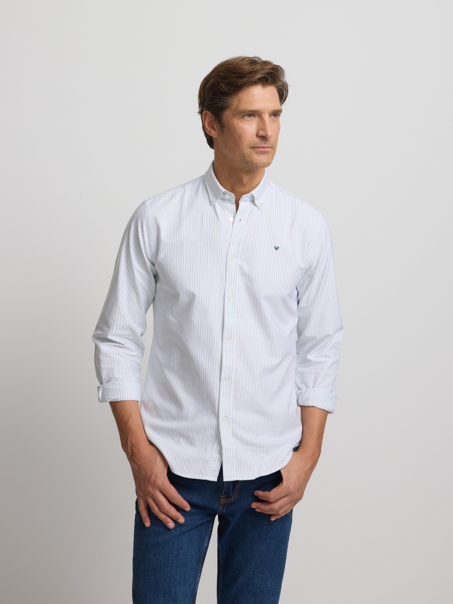 Camisa sport oxford raqueta rayas ancha verde