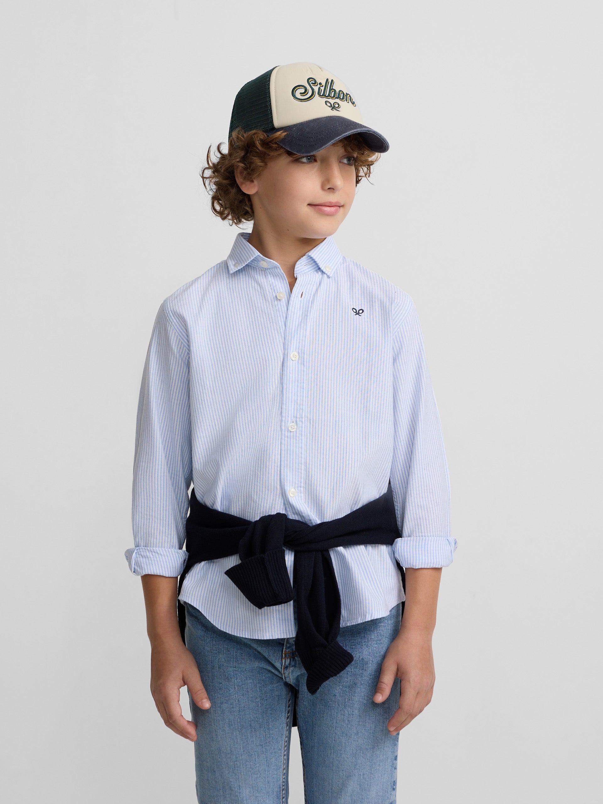 Camisa sport criança oxford risca azul-claro