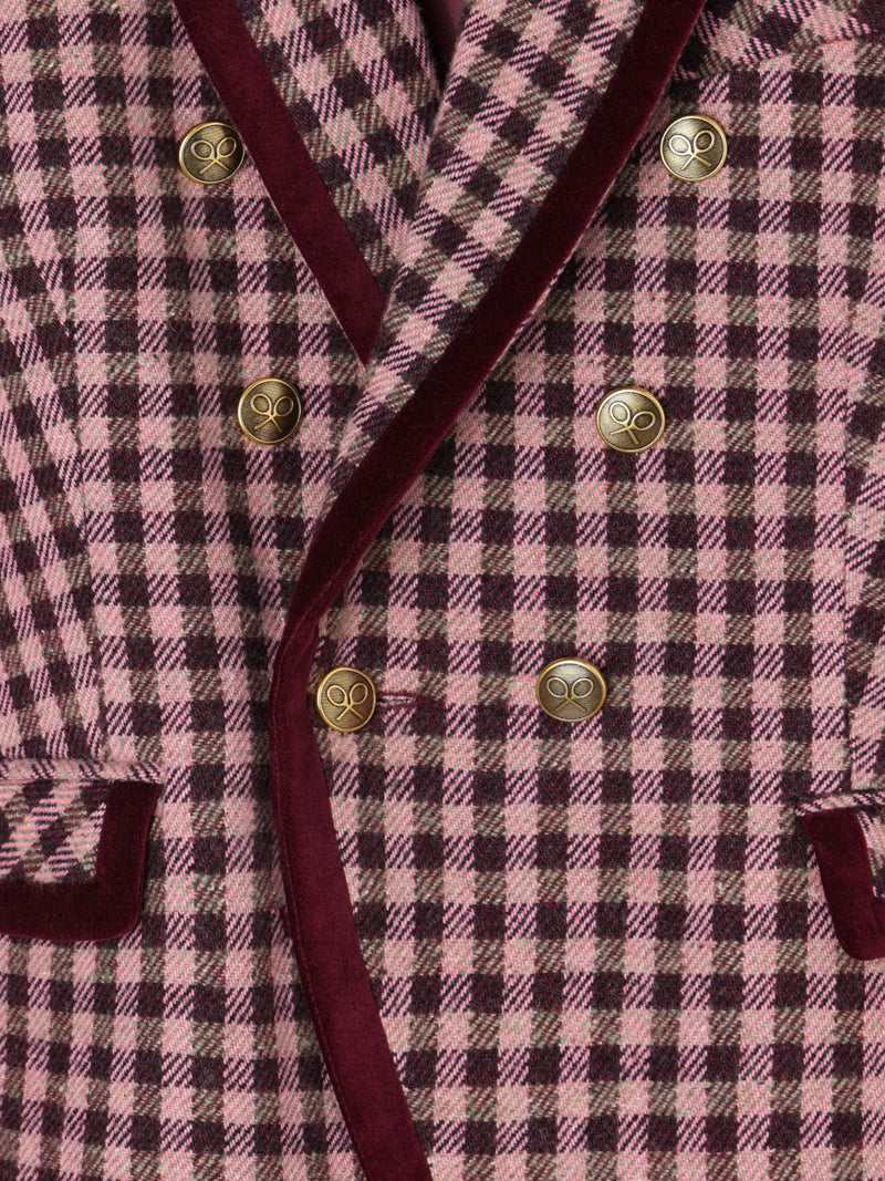 Double-breasted blazer with velvet trim in light pink gingham check