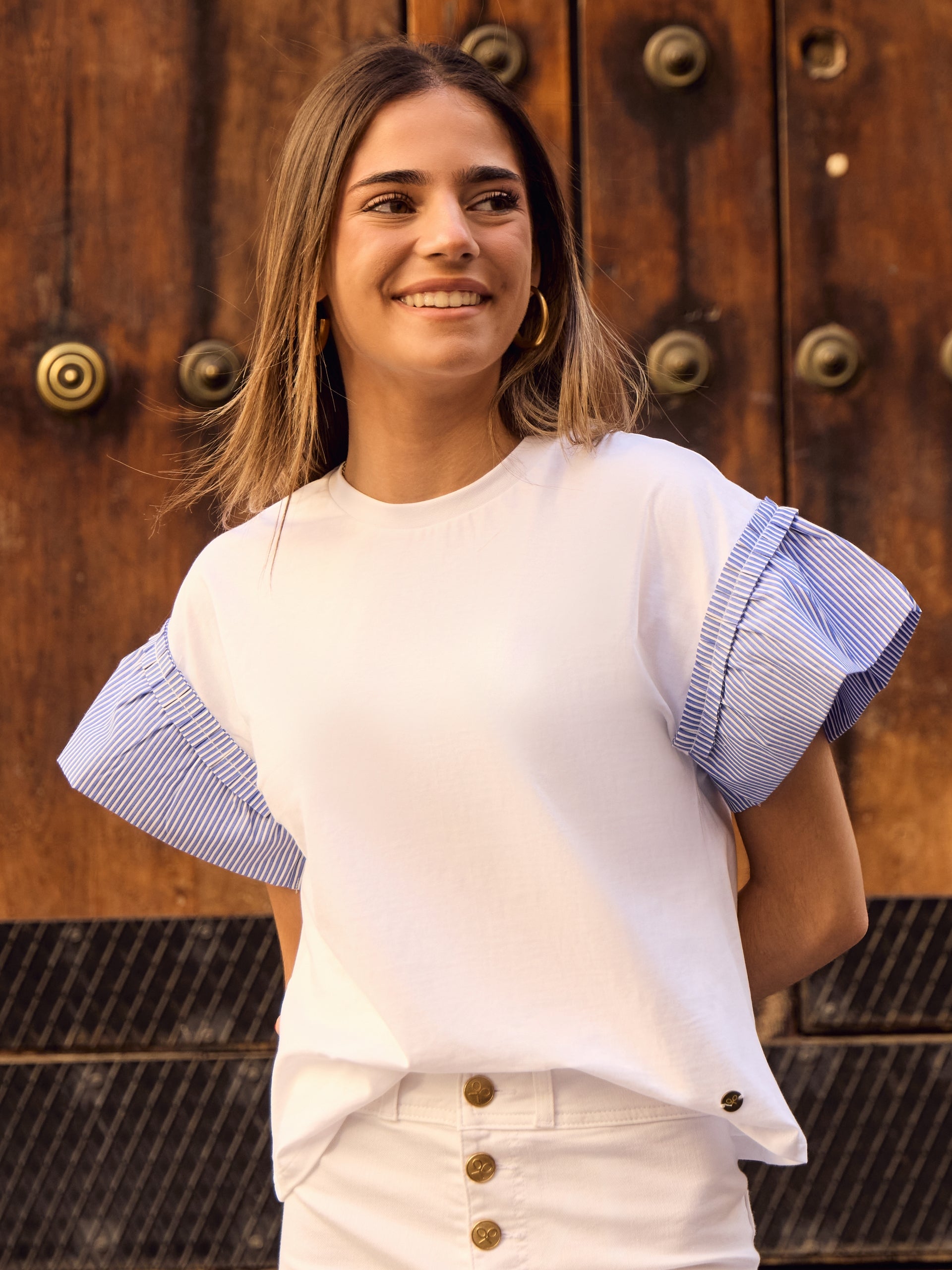 Camiseta woman volantes popelin rayas blanca