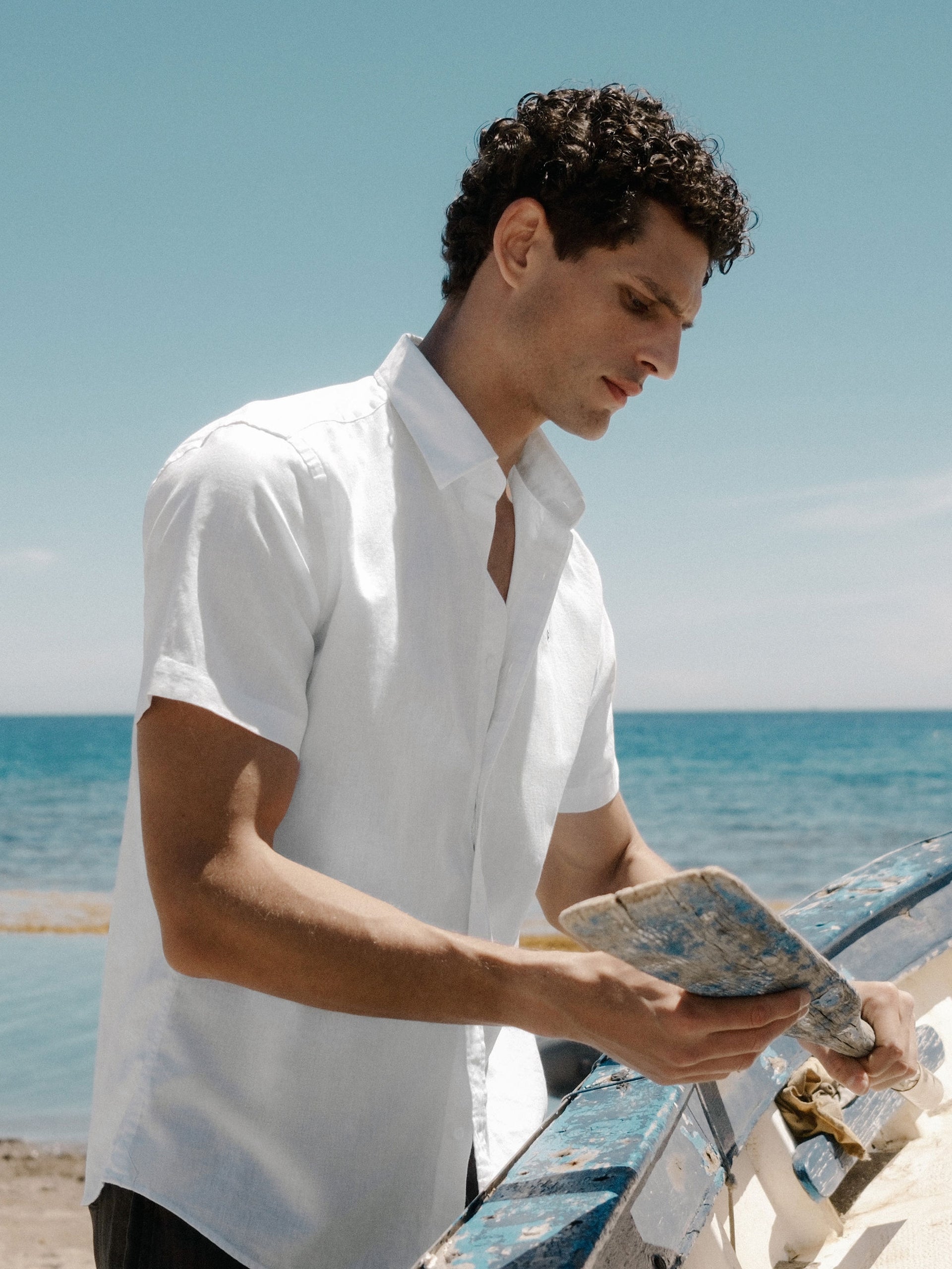 Camisa manga corta lino blanca