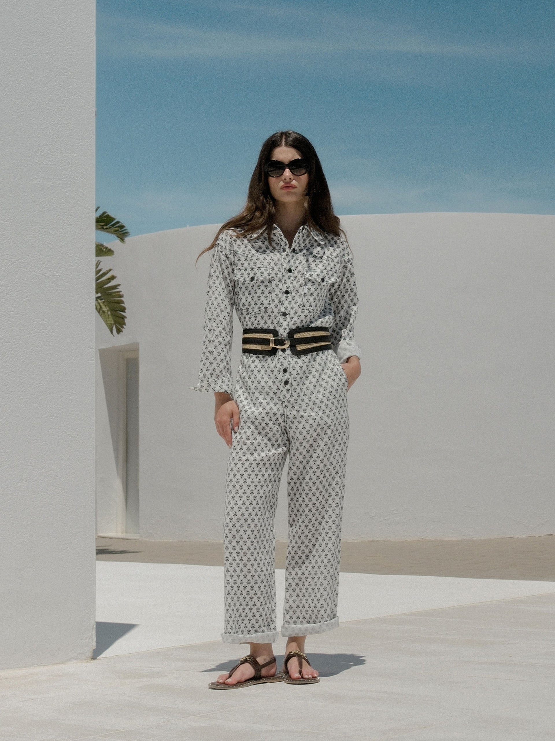 White printed linen jumpsuit