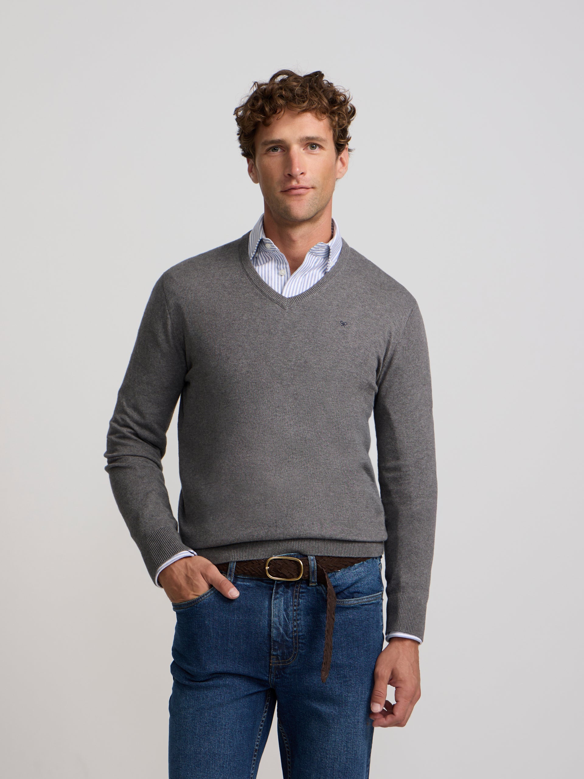 Pull col en V gris