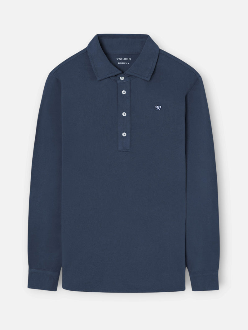 Long sleeve polo shirt in petroleum blue