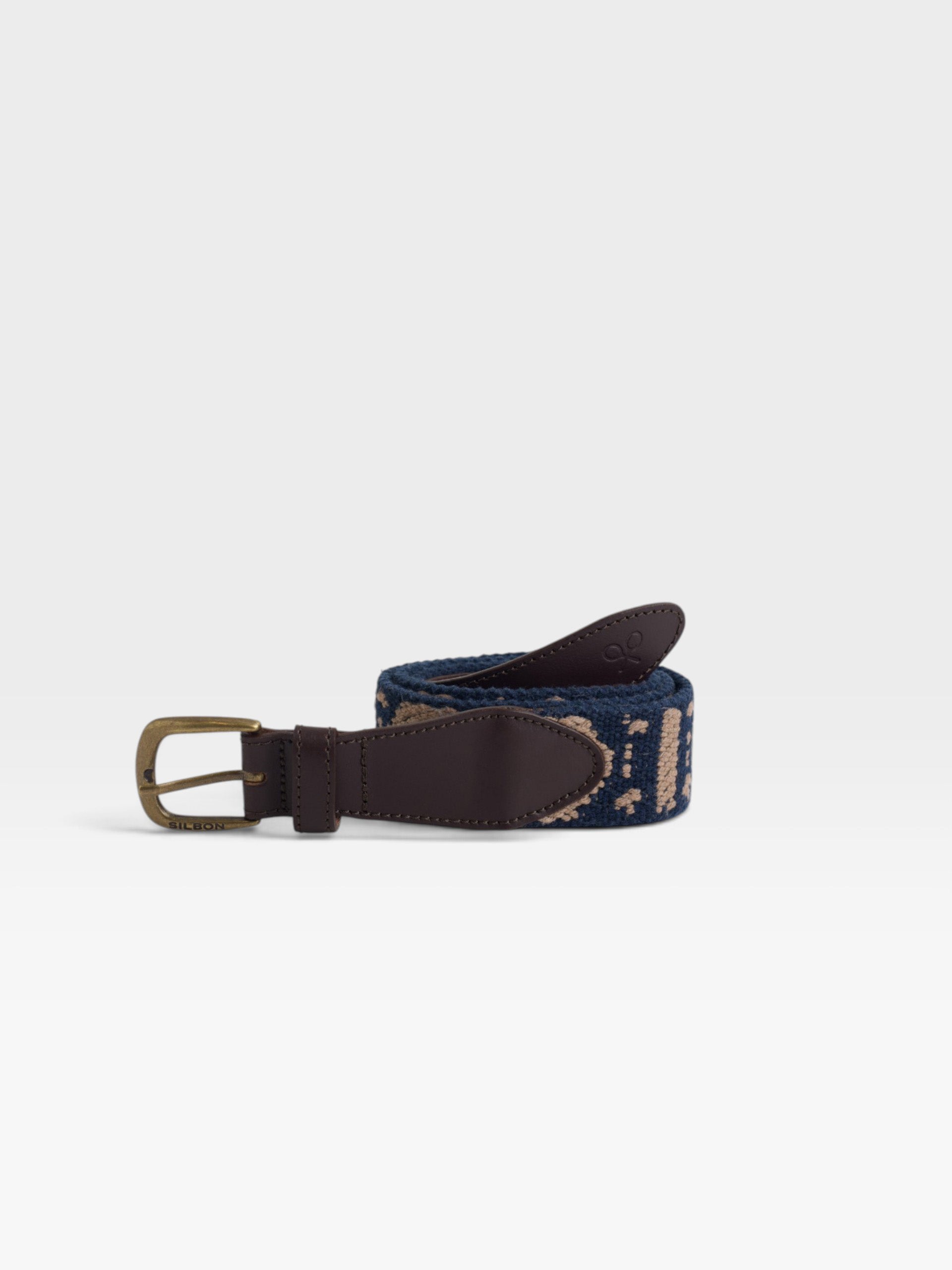 Ceinture en cuir tressé motif ethnique bleu marine