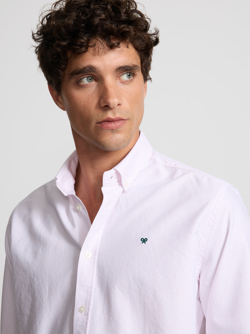 Camisa sport oxford risca média rosa
