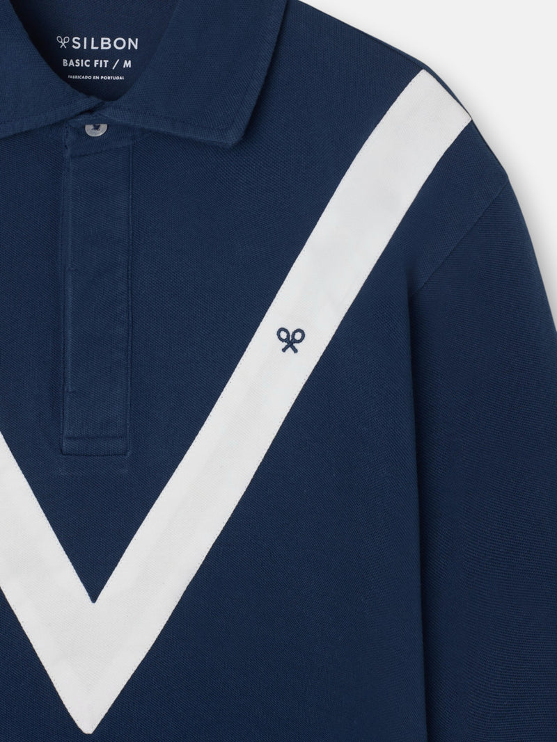 Polo de manga comprida chevron azul-marinho