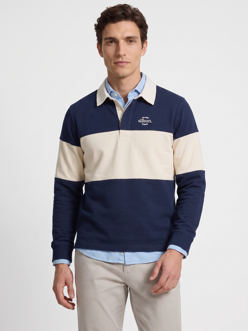Sudadera relaxed fit cuello polo bloque azul marino