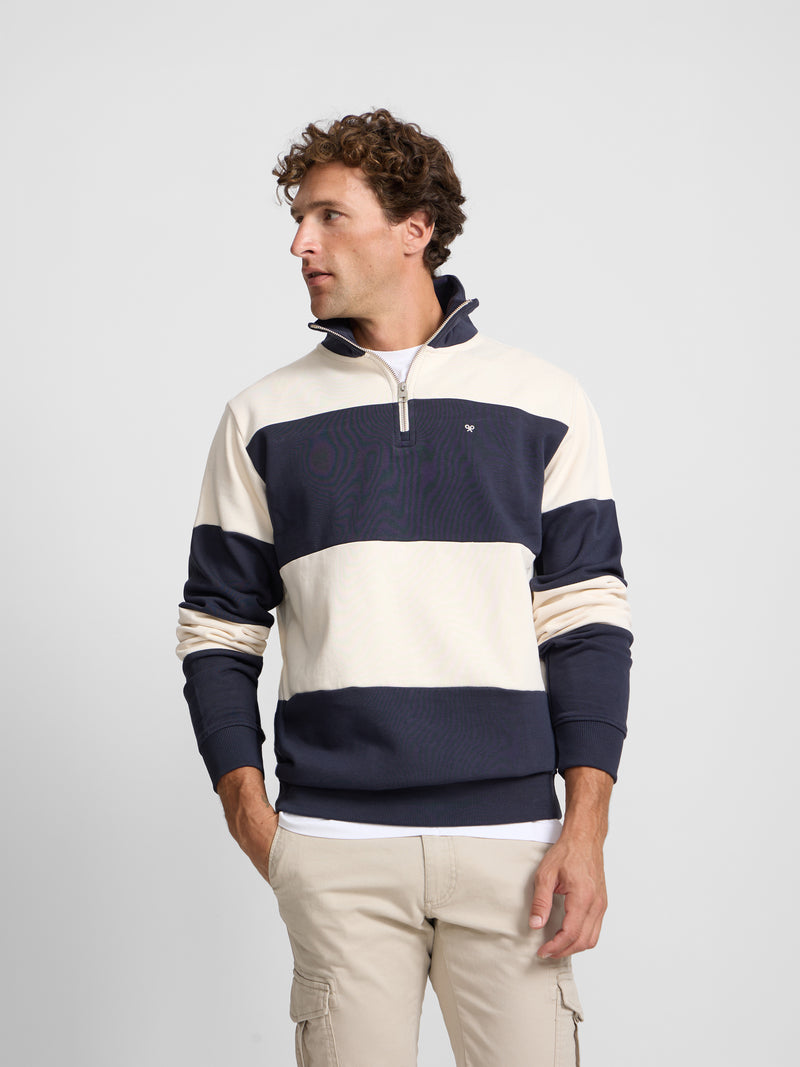 Sweat-shirt à demi-fermeture éclair à larges rayures bleu marine