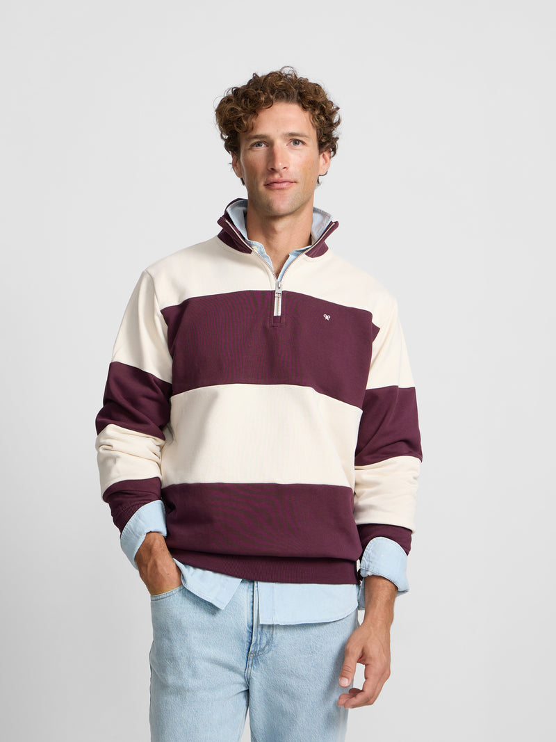 Sweat-shirt à demi-fermeture éclair à rayure large bordeaux