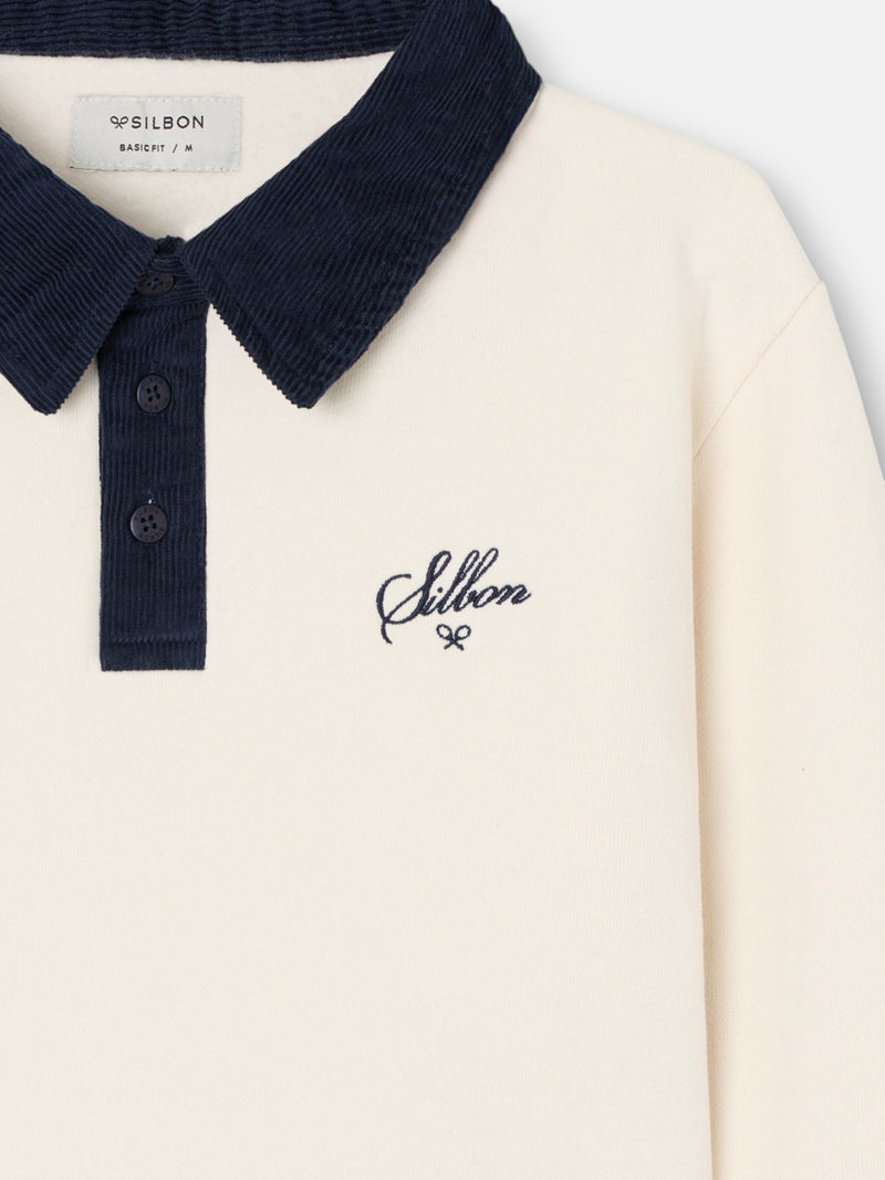 Sweat-shirt col polo en velours côtelé contrasté crème