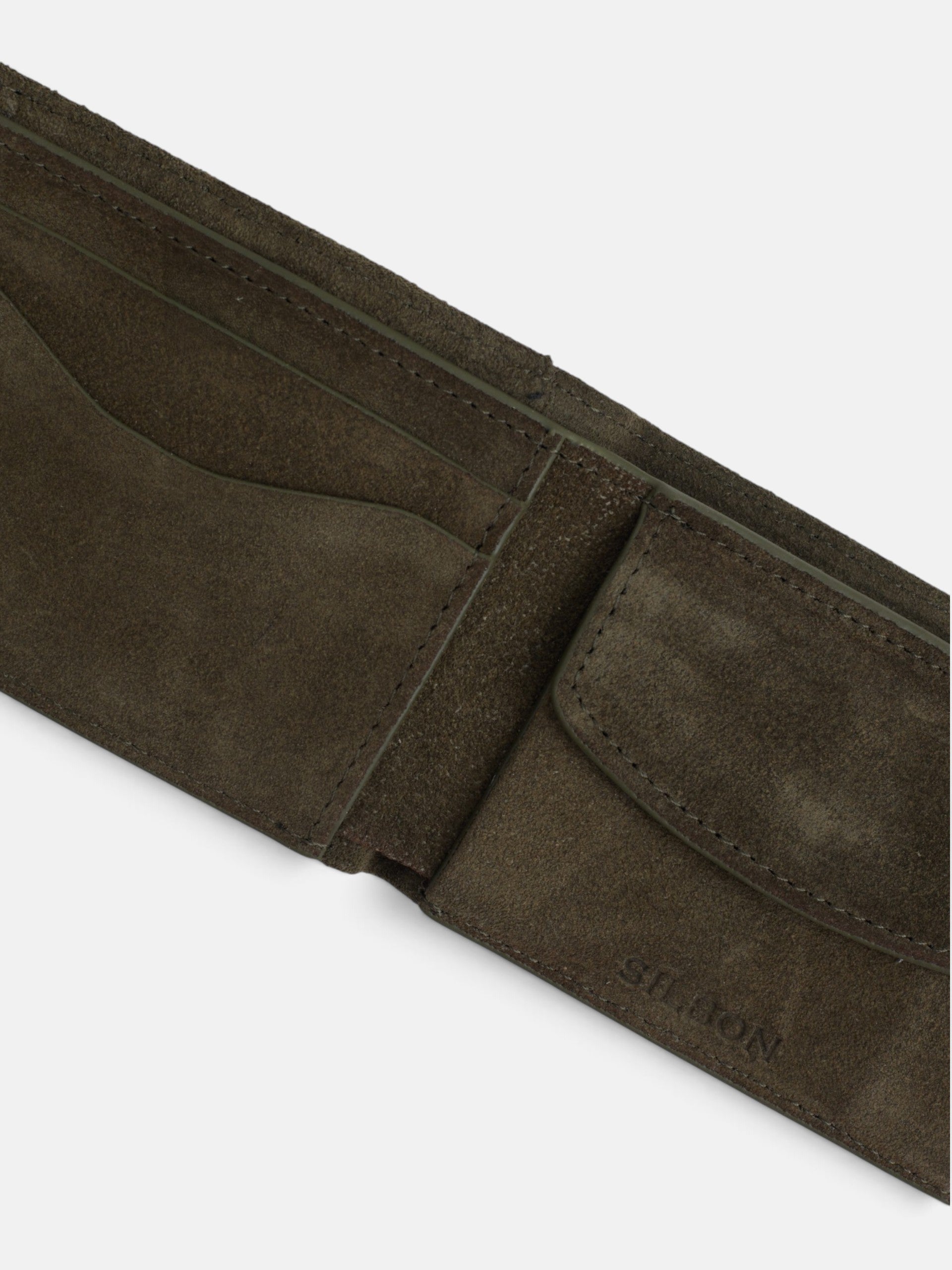 Green suede wallet with geometric lines