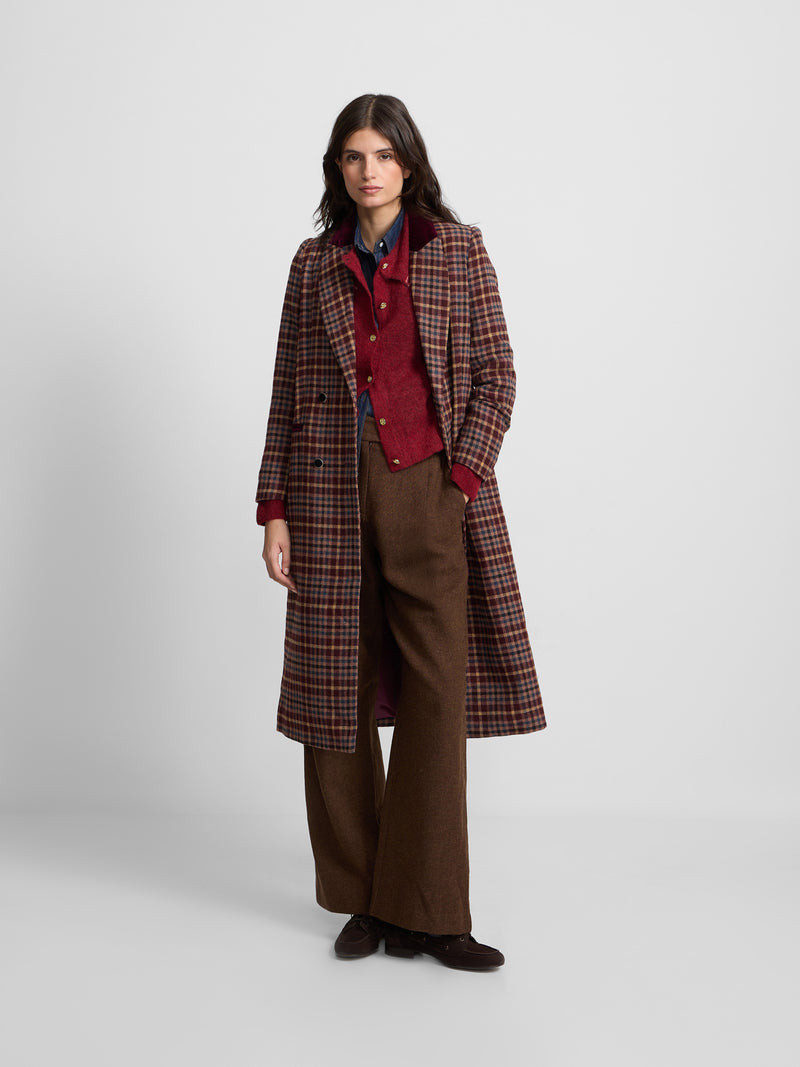 Long double-breasted pink checkered coat
