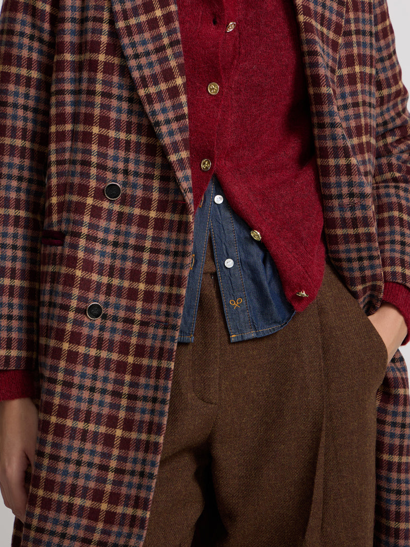 Long double-breasted pink checkered coat