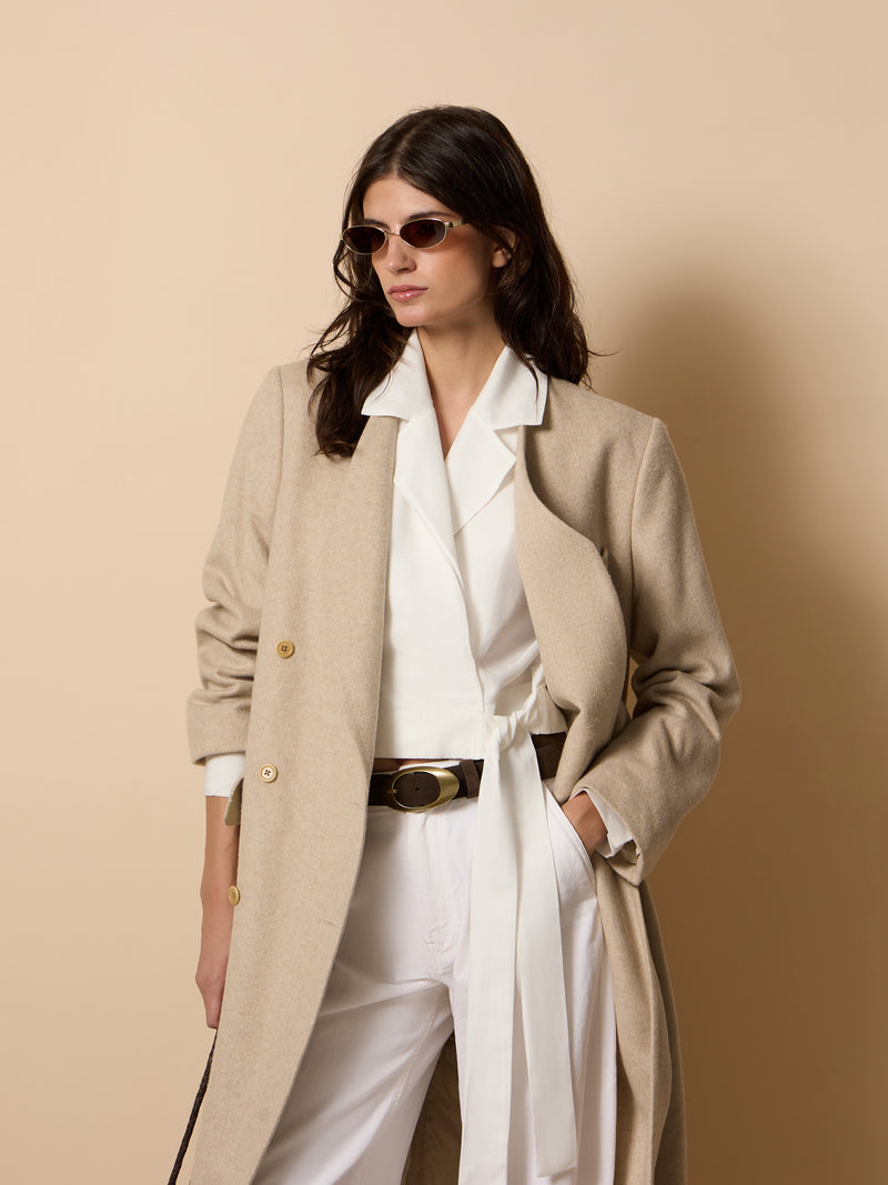 Manteau unique long croisé beige