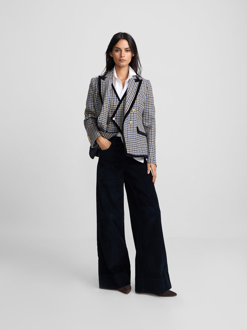 Double-breasted blue checkered blazer with velvet trim