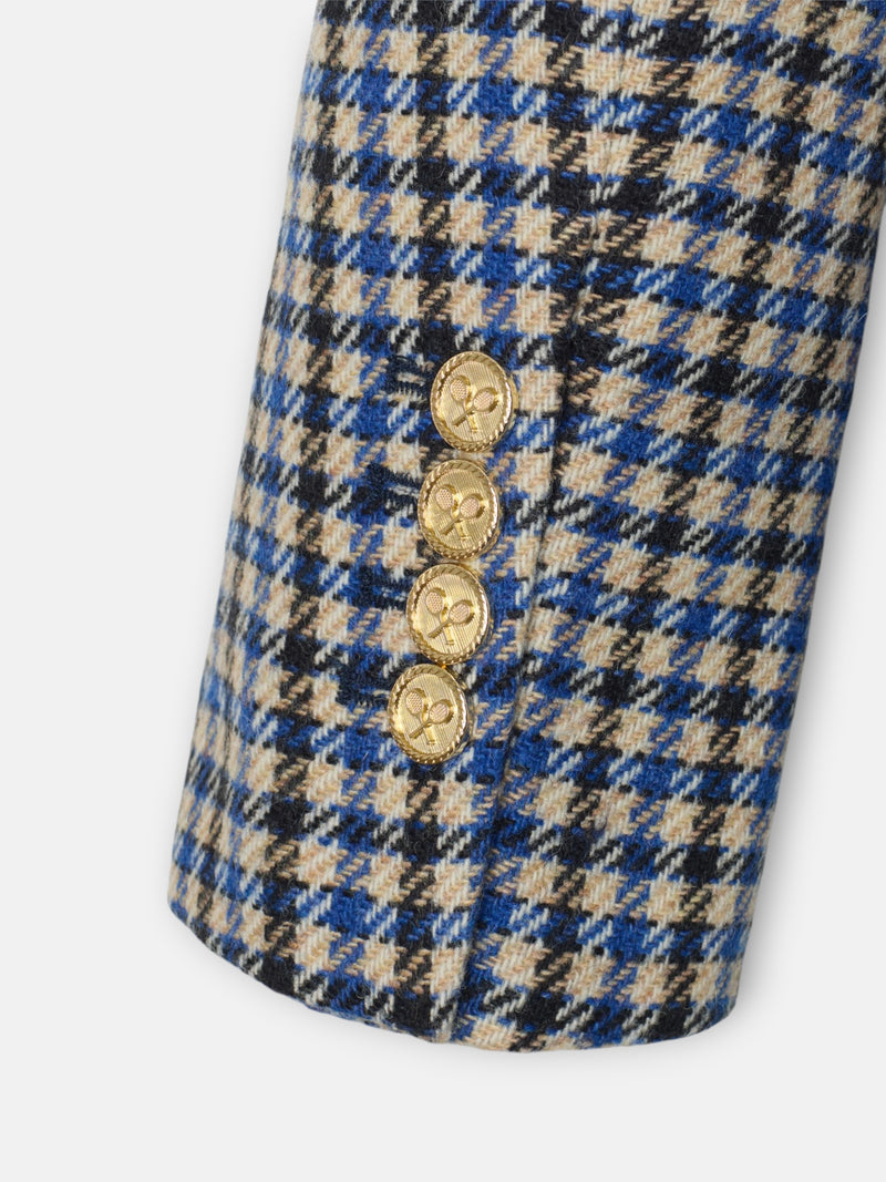 Double-breasted blue checkered blazer with velvet trim