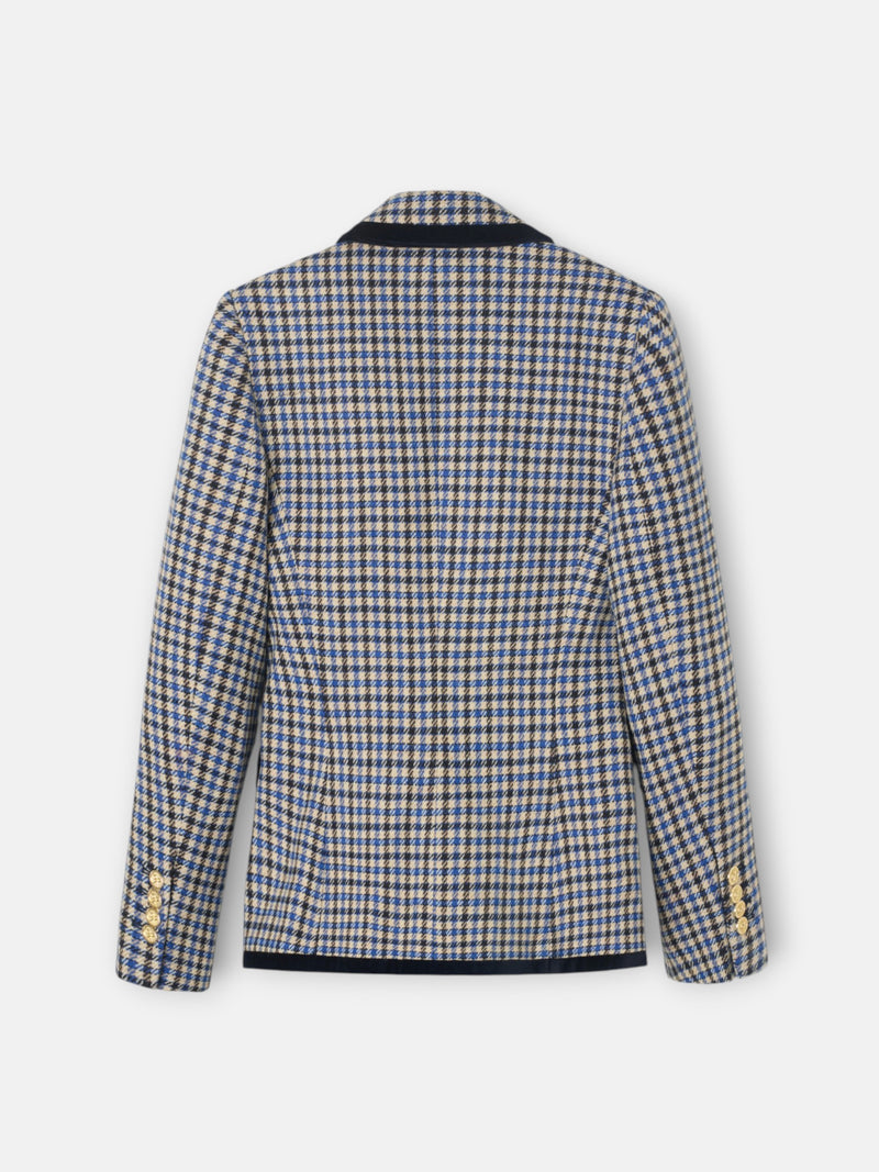 Double-breasted blue checkered blazer with velvet trim