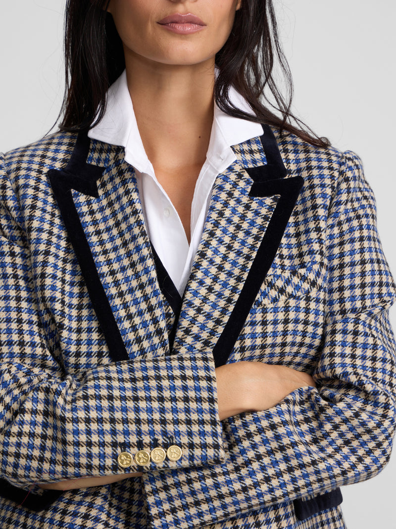 Double-breasted blue checkered blazer with velvet trim
