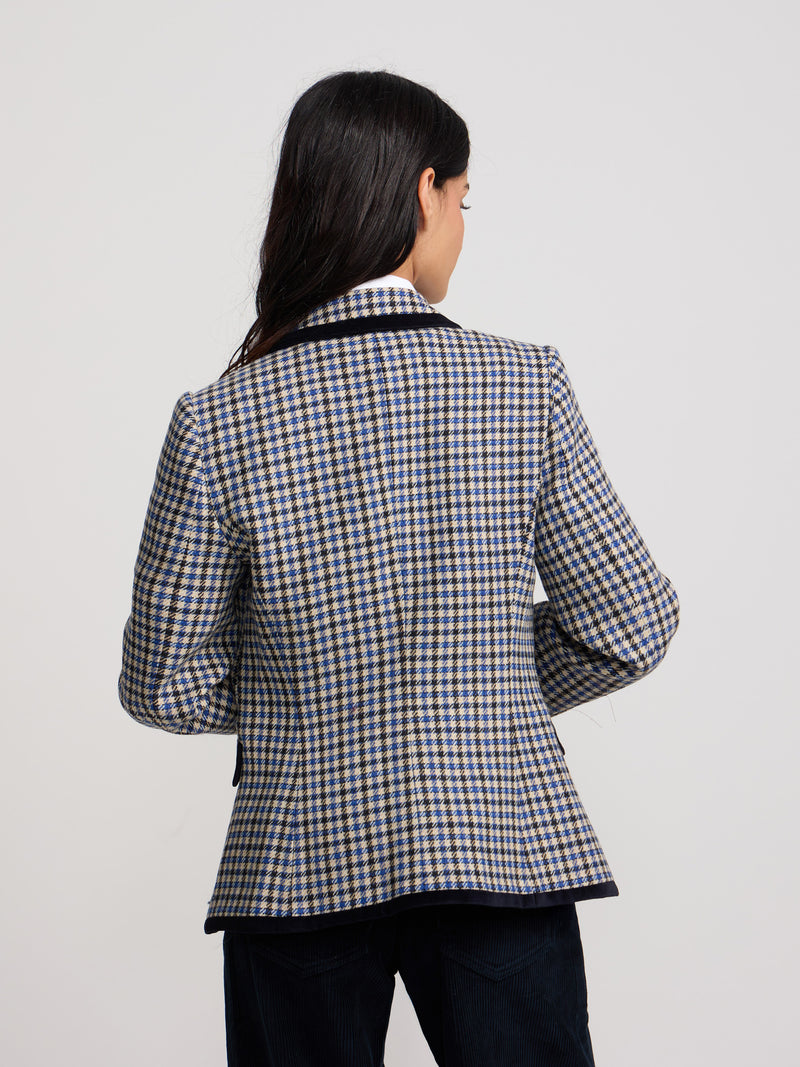 Double-breasted blue checkered blazer with velvet trim