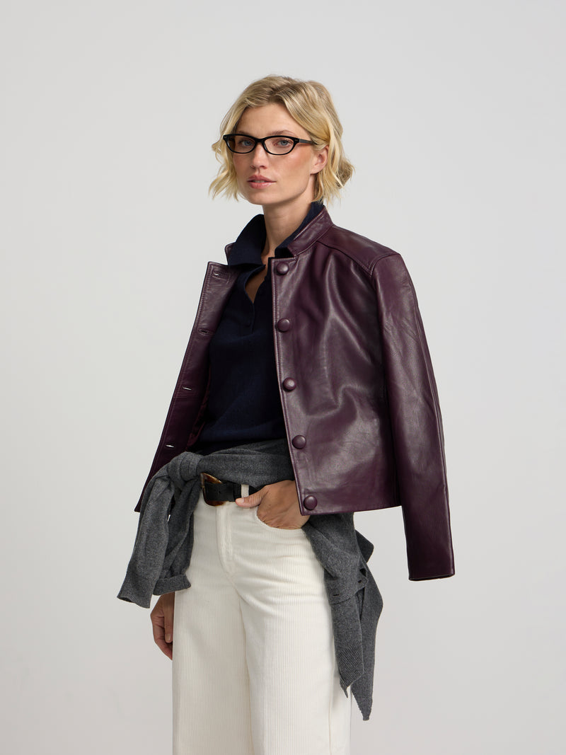Veste en cuir nappa à boutons bordeaux