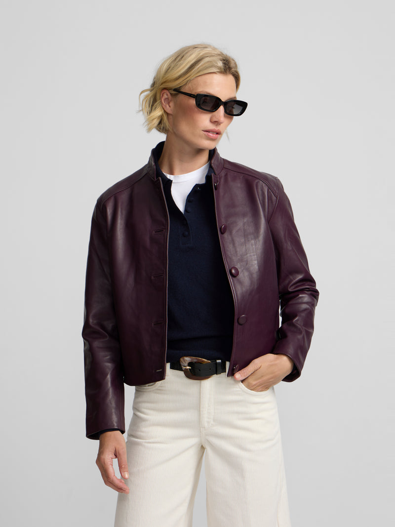 Veste en cuir nappa à boutons bordeaux