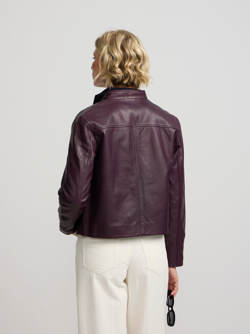 Veste en cuir nappa à boutons bordeaux
