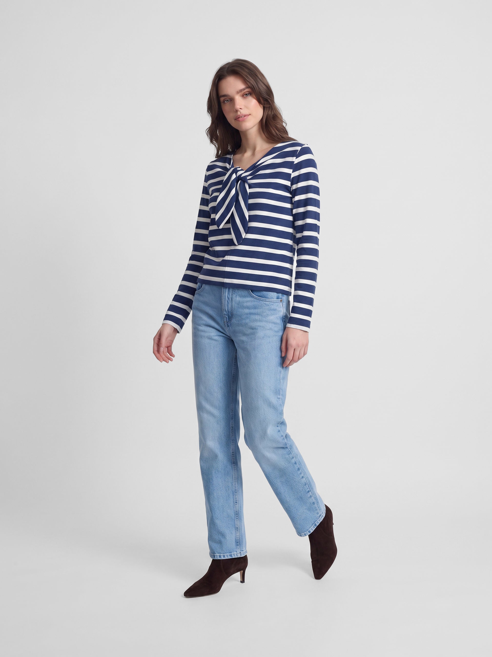 Women's navy blue striped bow t-shirt
