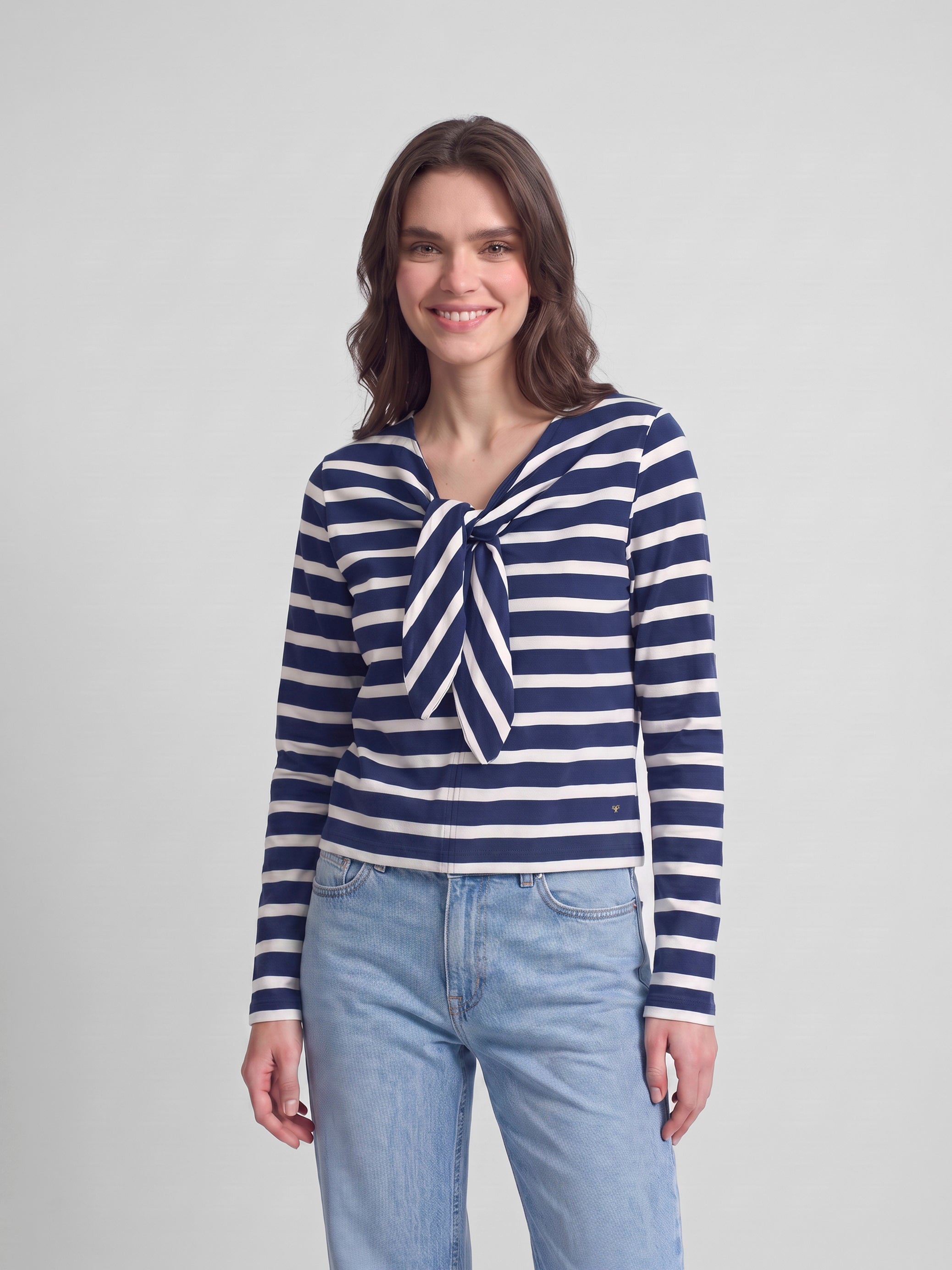 Women's navy blue striped bow t-shirt