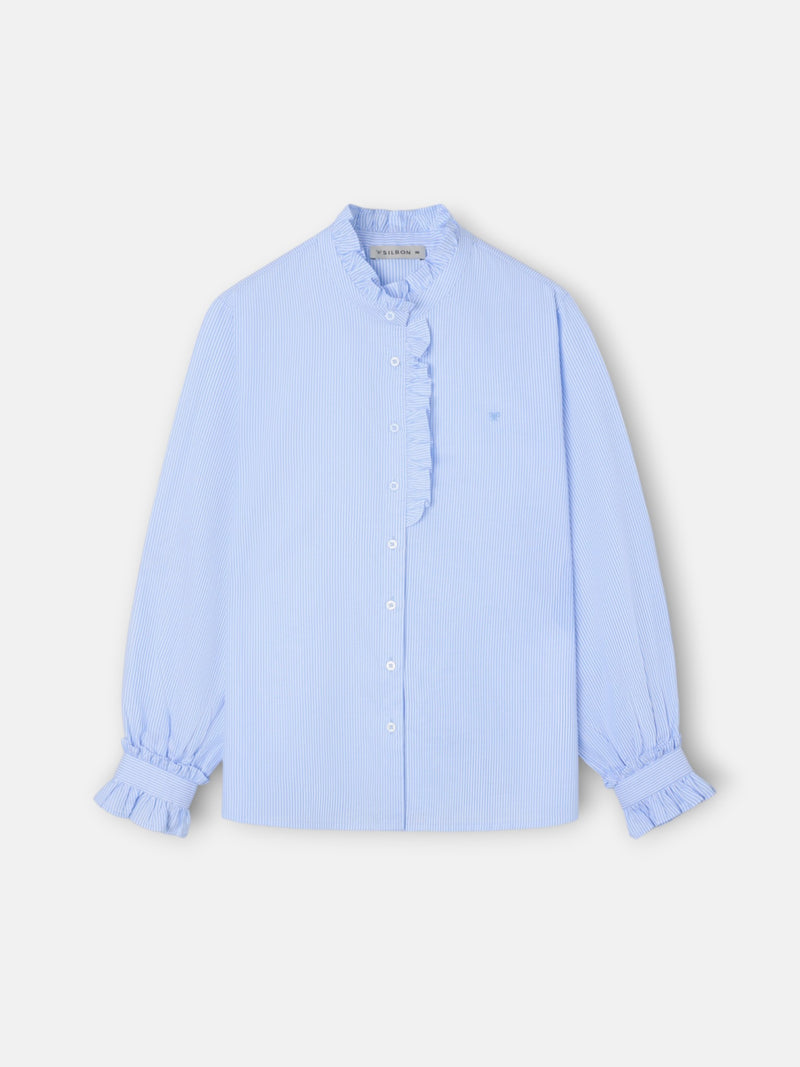 Shirt with ruffled collar and cuff detail, light blue stripes