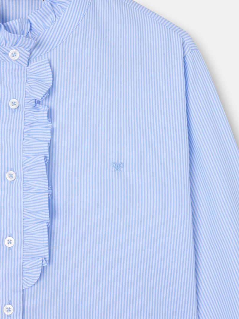 Shirt with ruffled collar and cuff detail, light blue stripes