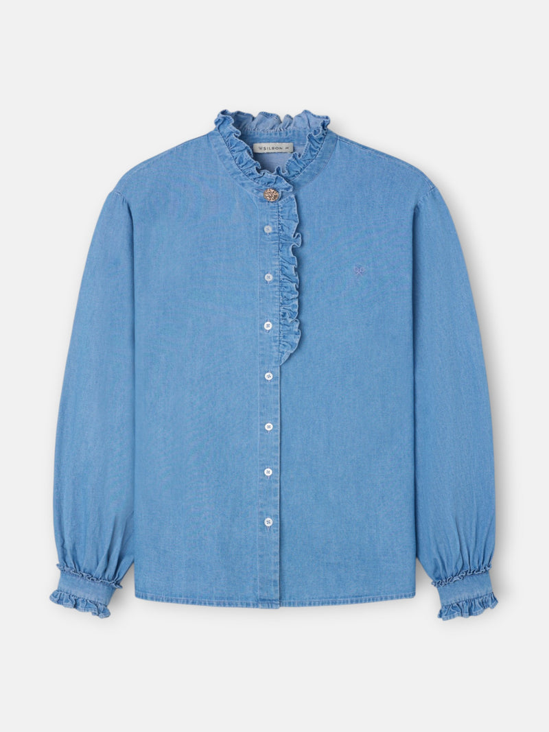 Chemise à col volanté avec détail de poignet en denim
