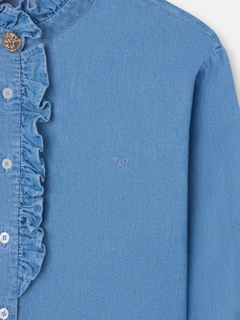 Chemise à col volanté avec détail de poignet en denim