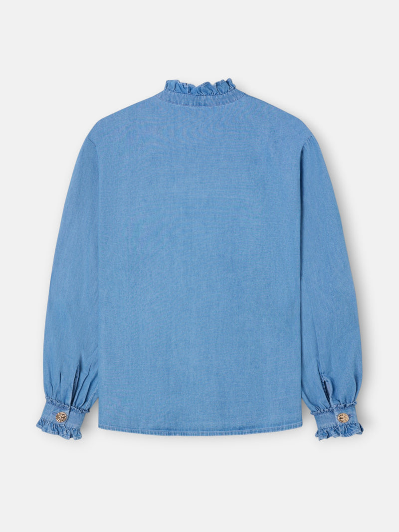 Chemise à col volanté avec détail de poignet en denim