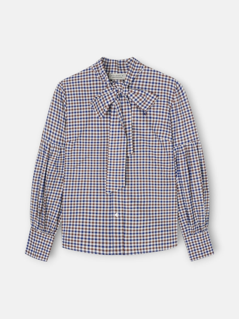 Camisa com laço aos quadrados azul-marinho e castanho