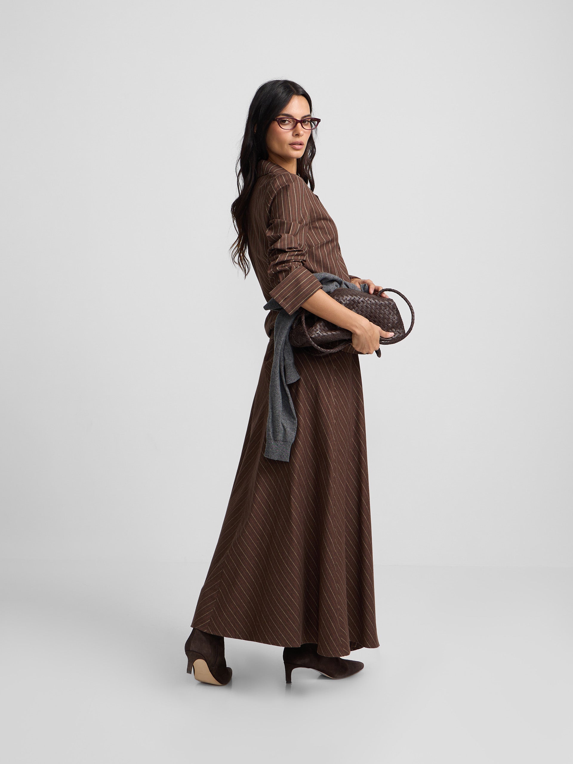Falda midi evase rayas marron