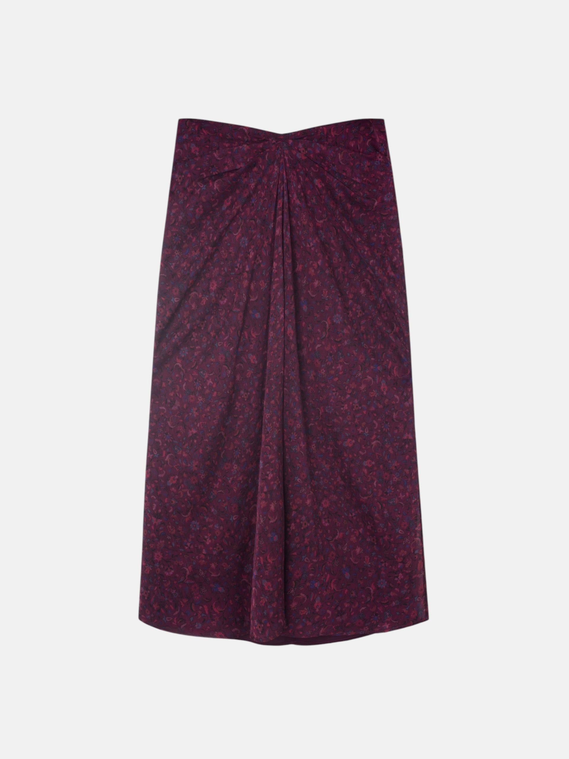 Falda midi drapeado central flores granate