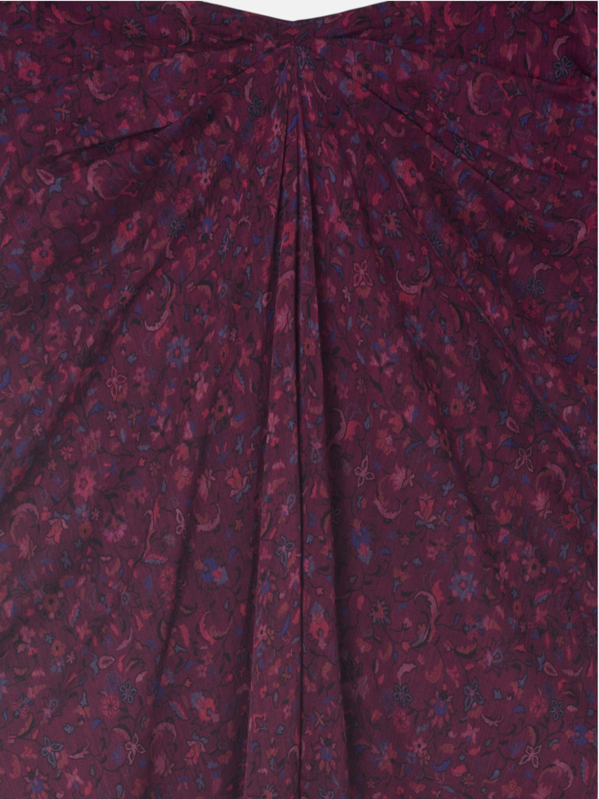 Falda midi drapeado central flores granate