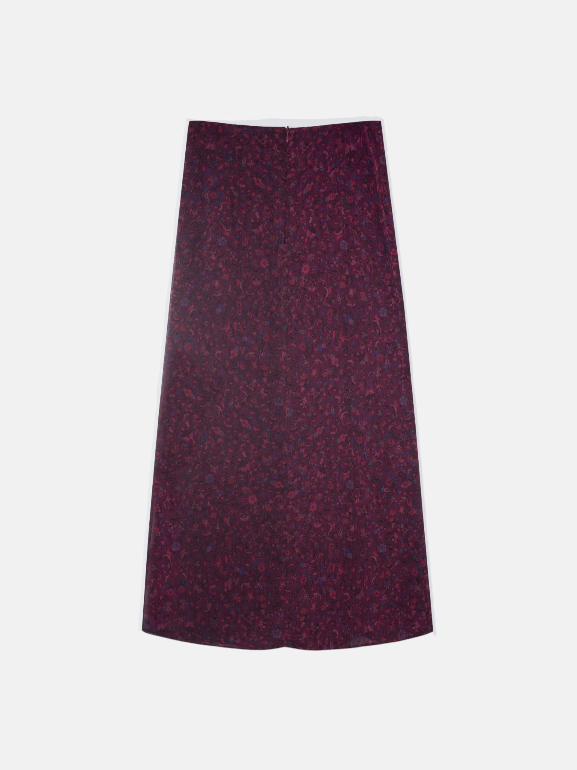 Falda midi drapeado central flores granate