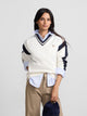 Sweat-shirt femme col en V varsity écru