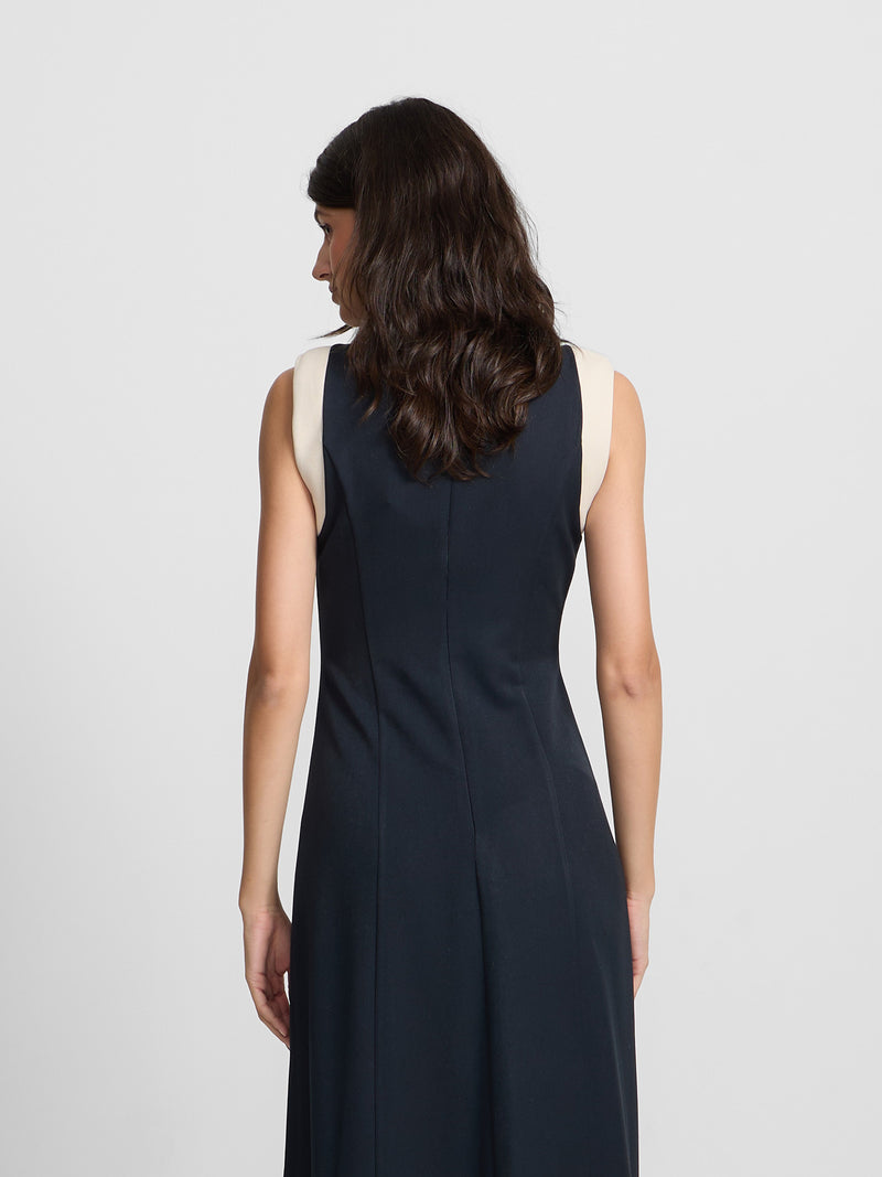 Vestido midi com contrastes azul-marinho