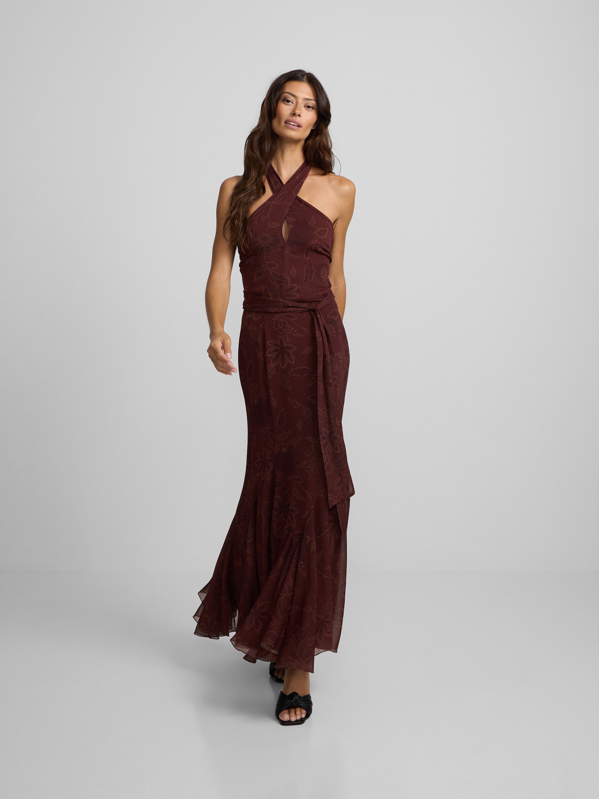 Robe à col halter imprimée marron