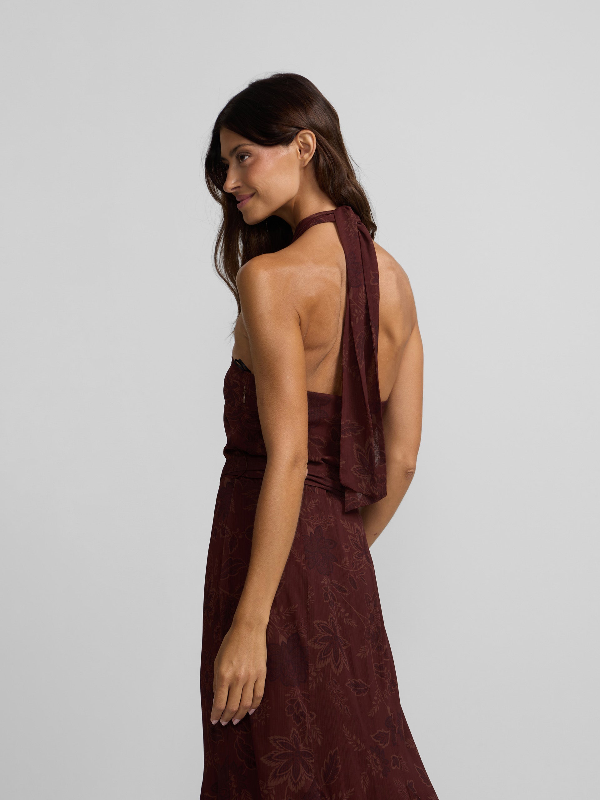 Robe à col halter imprimée marron