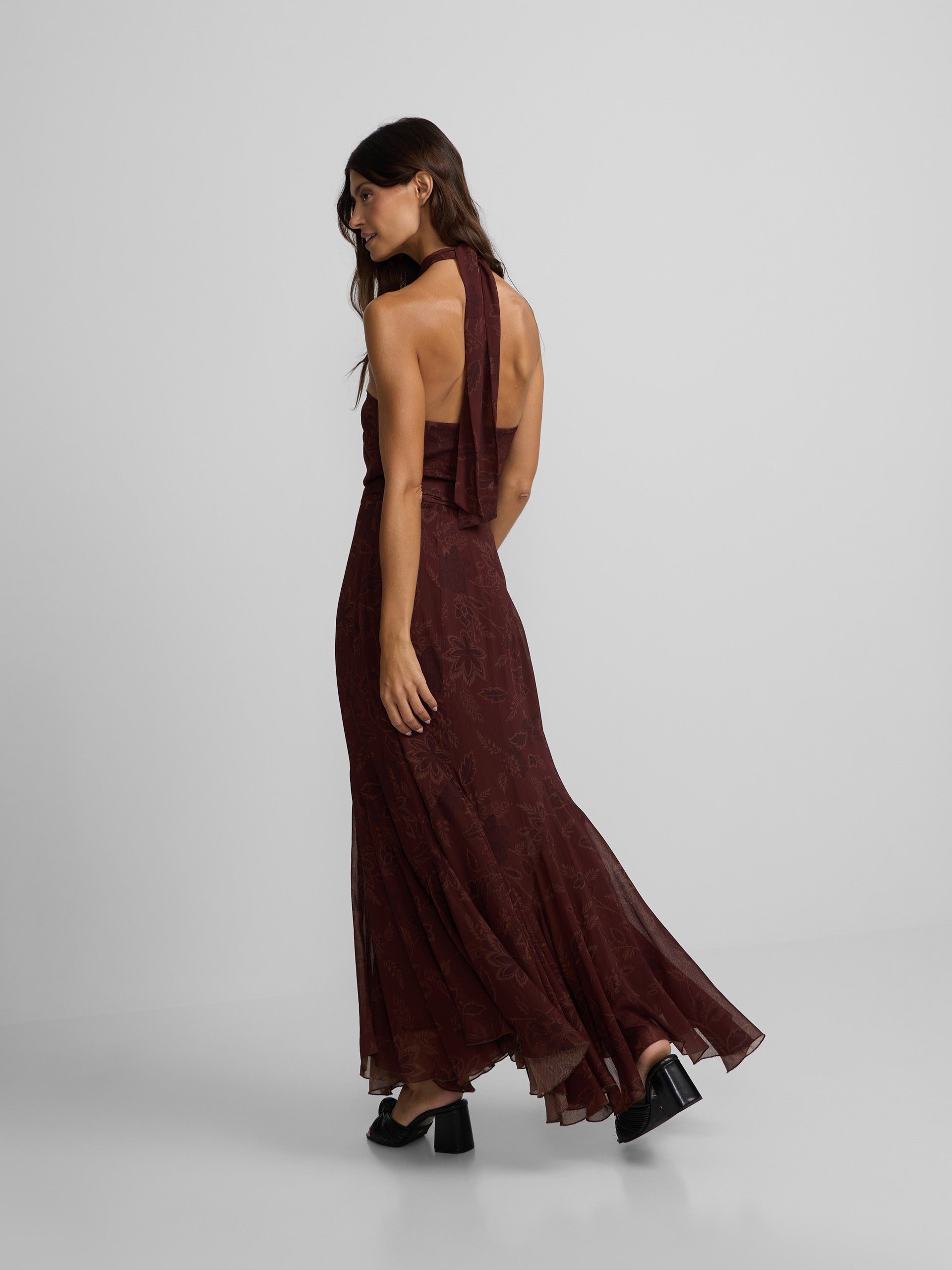 Robe à col halter imprimée marron