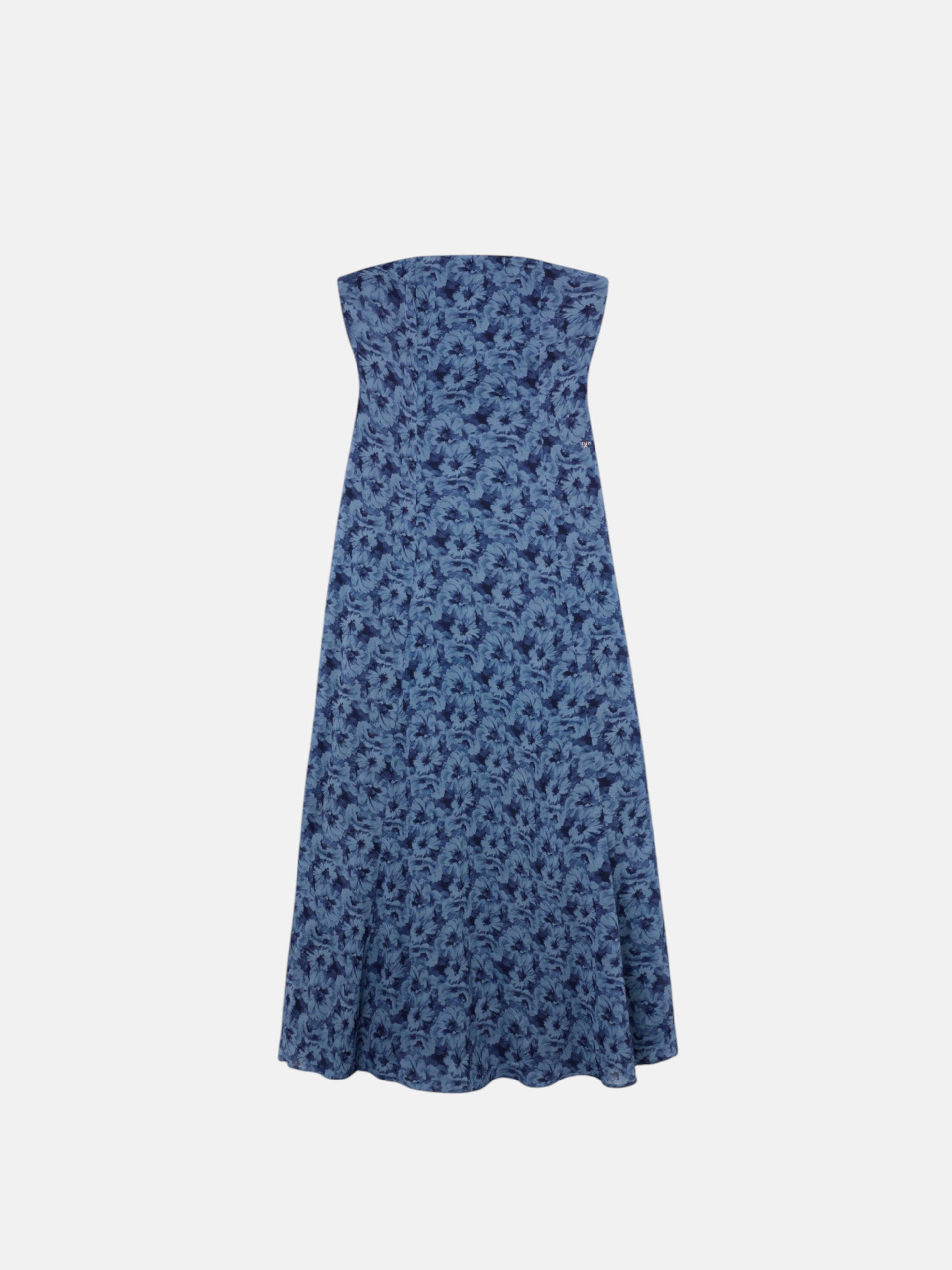 Vestido largo palabra de honor flores azul